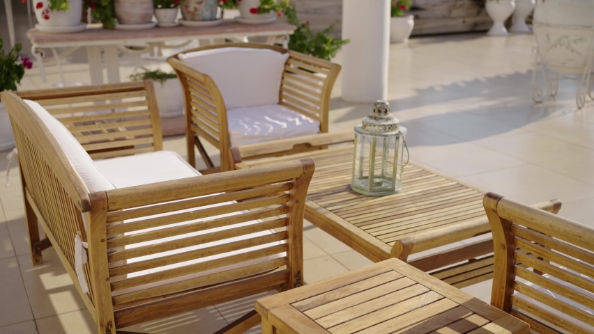 decorative quality wooden garden furniture white cushions Royalty-Free Stock Footage #1078014581