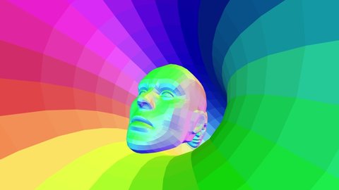 Seamless animation background of rainbow color lowpoly head in a tunnel.