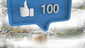 Like icon with increasing numbers on blue speech bubble against view of cityscape. social media networking and technology concept - Powered by Shutterstock - Get 15% off with code: PIKWIZARD15