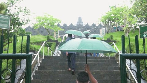 Magelang, Central Java, Indonesia - March 16, 2021: The biggest Buddhist temple, Borobudur temple during the pandemic, visitors are not allowed to go upstairs