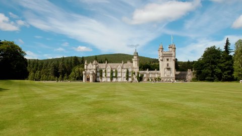 CRATHIE, SCOTLAND, circa 2021 - Cinematic view of Balmoral Castle, a large residence in Royal Deeside, Scotland, UK, developed by Queen Victoria in 1856