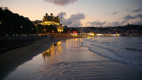 Panoramic shot of Scarborough beach during dusk in North Yorkshire, England, UK, the largest holiday resort on the Yorkshire Coast