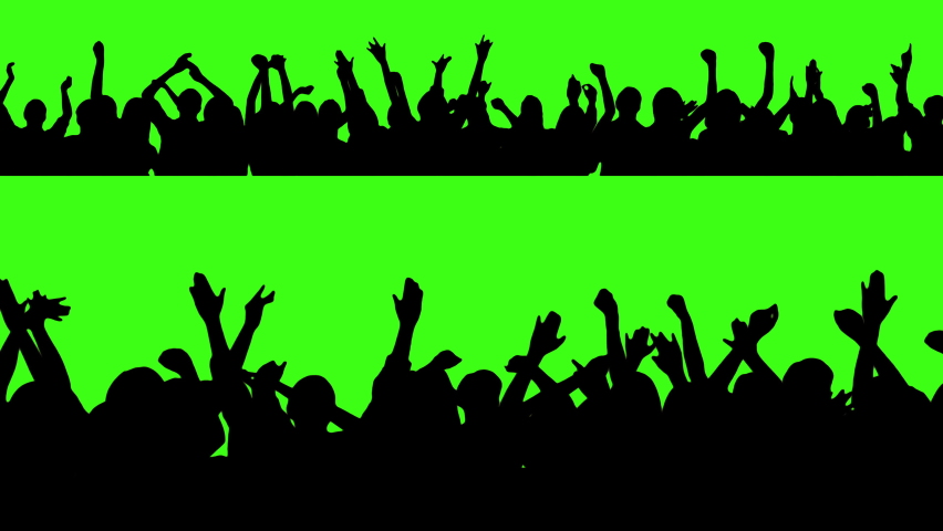 Big Crowd of People Having Fun, Cheering, Applauding, Jumping and Celebrating at Sport Event, Concert, Festival, Party. Silhouettes over green screen or chroma key.