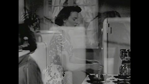 CIRCA 1950s - A housewife cooks eggs in her kitchen, and eggs are collected on a farm in 1950.