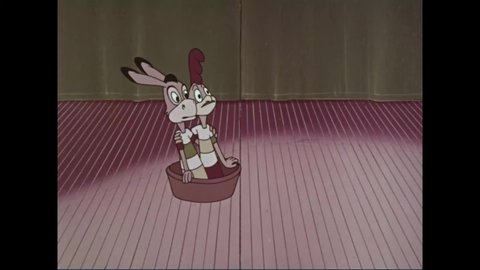 CIRCA 1962 - In this animated film, a donkey and a rooster must bail themselves out of a small boat on a stage filled with water.
