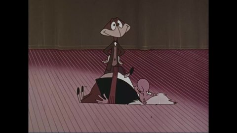 CIRCA 1962 - In this animated film, a man and bird fight instead of dancing together on stage.
