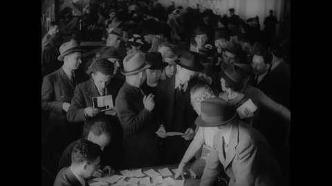 CIRCA 1940 - American expats living in France get passports in a crowded station.