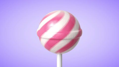 Striped fruit pink and white lollipop on stick rotate on purple background. Seamless loop. Alpha layer is included. 3d rendering