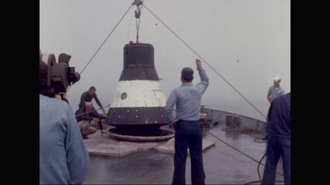CIRCA 1964 - A space capsule's flotation abilities are tested off the coast of Pensacola, Florida.