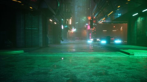 The nighttime neon street of the cybernetic city of the future. Walk through the city of the future. The animation is perfect for futuristic, fiction, cyber and sci-fi backgrounds.
