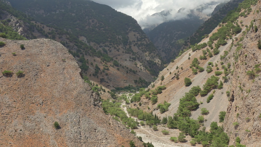 Aerial view of the exit of the Samaria Gorge at the town of Agia Roumeli on Crete, Greece