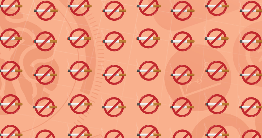 Animation of prohibition signs with cigarette over medical icons. flu, sickness, virus and vaccination concept digitally generated video.