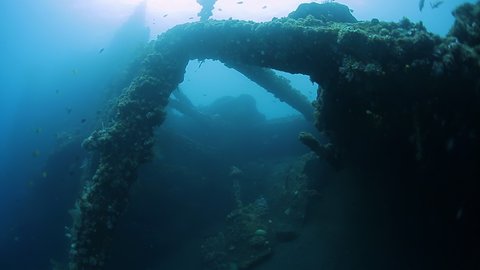 USAT Liberty wreck in Bali. Underwater view of the shipwreck USAT Liberty