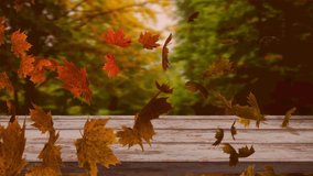 Digital animation of multiple autumn leaves floating over wooden surface against forest. autumn season concept - Powered by Shutterstock - Get 15% off with code: PIKWIZARD15