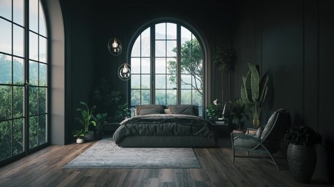 Dark bedroom with a large window. Stylish bedroom with a garden view. Stylish bedroom interior.  3d visualization