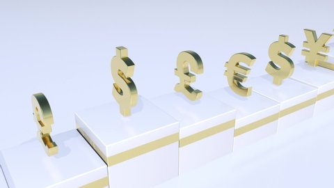 Monetary symbols on stock exchange quotes: dollar, yen, pound, euro. Moving around in a looped video.