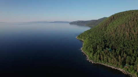Summer morning aerial landscape of Lake Baikal is a rift lake located in southern Siberia, Russia Baikal lake summer landscape view. Drone's Eye View.