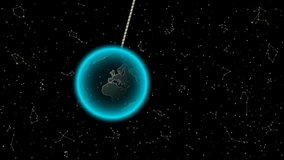 Animation of Black and Blue Swinging Pendulum with Earth. Single Object of Globe Isolated on Starry Night Background. Panoramic Sky Map of Hemisphere. Loop Seamless Stock Footage. 3D Graphic