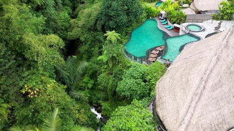 Drone view of vila with pool with a lot of tree around