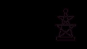 Glowing neon line Electric tower used to support an overhead power line icon isolated on black background. High voltage power pole line. 4K Video motion graphic animation.
