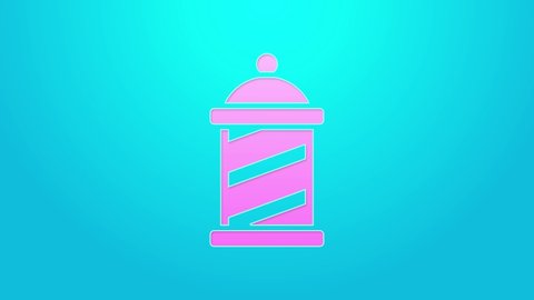 Pink line Classic Barber shop pole icon isolated on blue background. Barbershop pole symbol. 4K Video motion graphic animation.