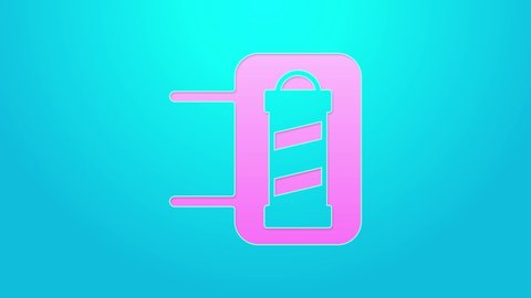 Pink line Classic Barber shop pole icon isolated on blue background. Barbershop pole symbol. 4K Video motion graphic animation.