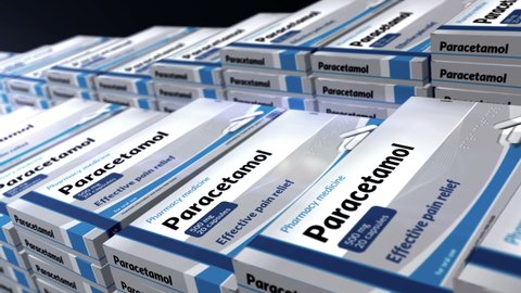 Paracetamol pain relief tablets box production line. Emergency painkiller, headache analgesic and help medical pills pack factory. Abstract concept 3d rendering loopable seamless animation.