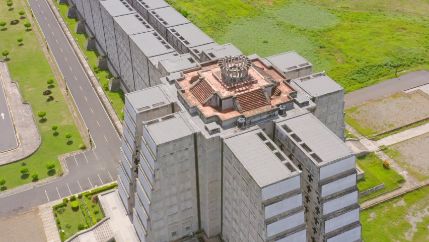 Aerial birds eye shot of mausoleum named Columbus Lighthouse during summer day 
