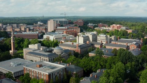 University of North Carolina campus grounds. Hospital Medical Center. Aerial reveal shot in summer. UNC.