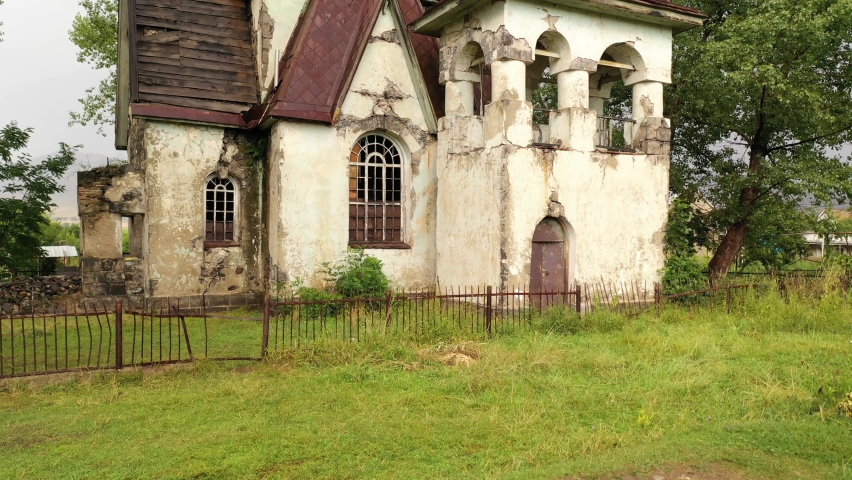  Church Of Nikolas Wonderworker. Russian church in Armenia, aerial view. The temple in the name of Nicholas the Wonderworker was built in 1846, Lori. Armenia. Historical and cultural monument .