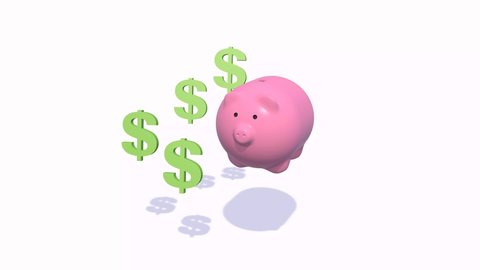 3d animation of a piggy bank and dollar signs on a white background, rotation. Online shopping concept. Business and finance concept, buying stock on the exchange, accumulating money.