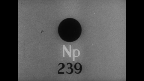 1950s: Animated neptunium nucleus transforms into plutonium 239. Animated uranium rods appear. Two halves of plutonium particle smash together.