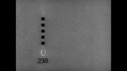 1950s: Animated numbers appear below uranium isotopes. Animated neutrons bounce into uranium nuclei. Animated uranium rods appear near atomic symbols.
