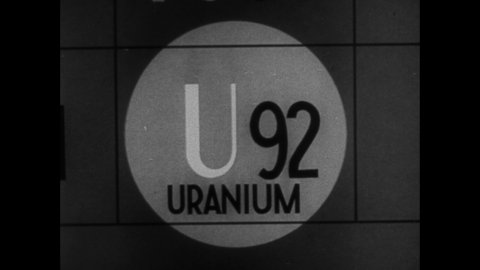 1950s: Uranium appears on periodic table of elements. Animated uranium nucleus emits and catches particles. Animated uranium nucleus splits in fission.