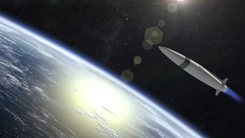 A hypersonic missile with a nuclear warhead takes off over the Earth. View from space. The rocket flies and rotates. Hypersonic weapon. Nuclear war. 4K. 3D Animation.