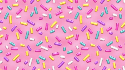 Pink donut glaze with many decorative colorful sprinkles endless background. Seamless loop