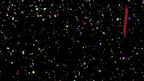 Animation of colorful balloons flying and falling confetti over black background. party and celebration concept digitally generated video.