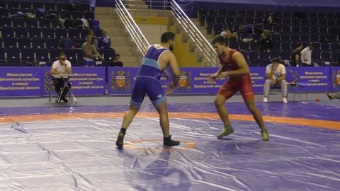 Orenburg, Russia - 16-17 October 2020: Young men compete in the sports wrestling at the All-Russia Sports Wrestling Tournament for the prizes of the Governor of Orenburg Region