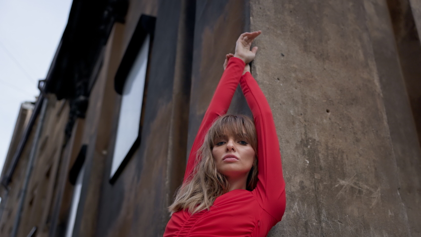 Girl With Long Hair Stands Near Wall. Pretty Girl In Red Dress.