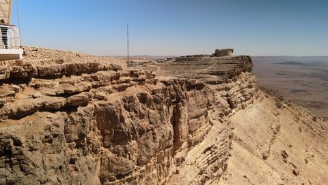 4K drone shot of the desert city Mitzpe Ramon near the Ramon Crater in the Negev Desert in southern Israel.