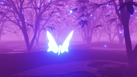 The luminous butterfly flies through a neon garden with magic trees. Compound background, graphic animation. 3D Animation 4K Seamless Loop.