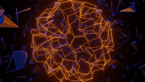 Animated background. Pulsating neon sphere of orange light flies through abstract spikes. Composite background, graphic animation. 3d animation 4K seamless loop.