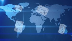Animation of envelopes over world map. communication technology, data sharing and digital interface concept digitally generated video.