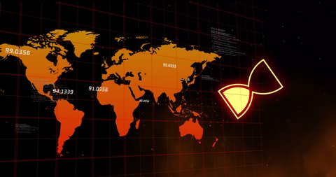 Animation of egg timer icon over world map. communication technology, data sharing and digital interface concept digitally generated video.