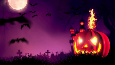 Halloween Night Background 4K Animation. Pumpkin and flying Bats Halloween Night festival. Halloween Stock Footage.