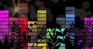 Animation of plants and colourful columns on black background. tropical summer holiday, leisure and travel concept digitally generated video.