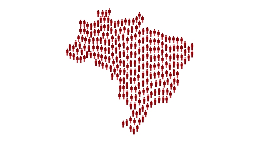 Graphic animation - red people symbols in shape of map of Brazil , COVID-19 pandemic in Brazil , infection spread around Brazil country map