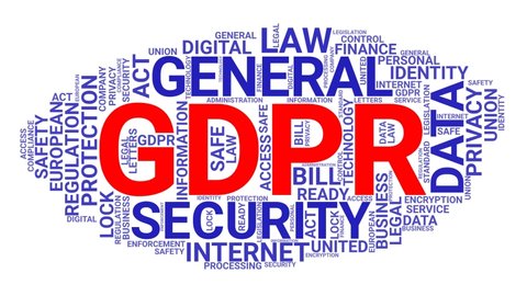 GDPR General Data Protection Regulation word cloud blue and red text 4K seamless loop on white background