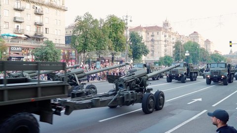 Ukrainian Army military equipment at the Independence Day parade. Heavy artillery, caliber 152mm. Rehearsal of the performance on Khreschatyk Street.
August 20, 2021, Kyiv, Ukraine