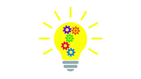 Yellow lamp bulb with 5 multicolored gears (cog wheels)  rotating inside, turns on and off, simple flat icon. Animated idea, innovation sign. Lamp symbol on transparent background. alpha channel.